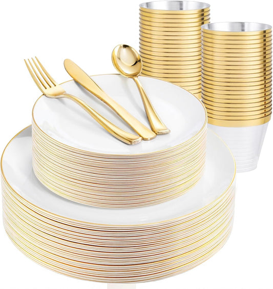 WDF 150Pcs White and Gold Plastic Plates - Gold Plates Disposable - 25guest Disposable Dinnerware Include 25 Dinner Plate, 25 Dessert Plate, 25 Cutlery & 25 9oz Cups for Wedding & Thanksgiving Party