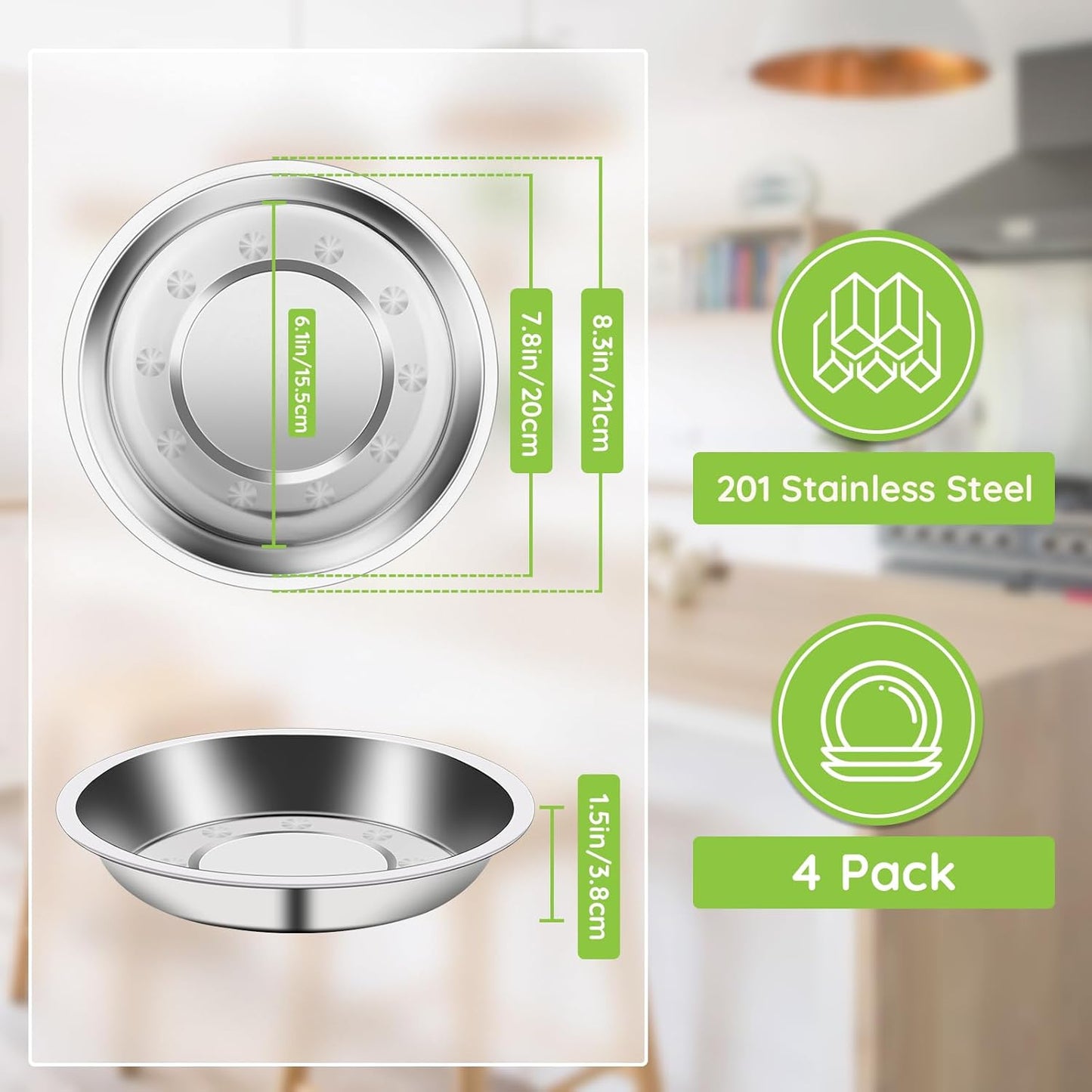 4 Patterned Deep Stainless Steel Plates, 7.8 inch 201 Metal Camping Plate, Reusable Food Serving Dish Snack Eating Dishes Round Shatterproof Silver BBQ Dinner Dinnerware Oven Dishwasher Safe