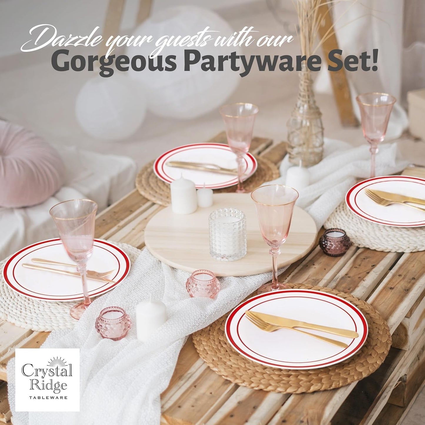 120-Piece Premium Salad Plates Set - Disposable White Plastic With Red Rim for Party and Wedding