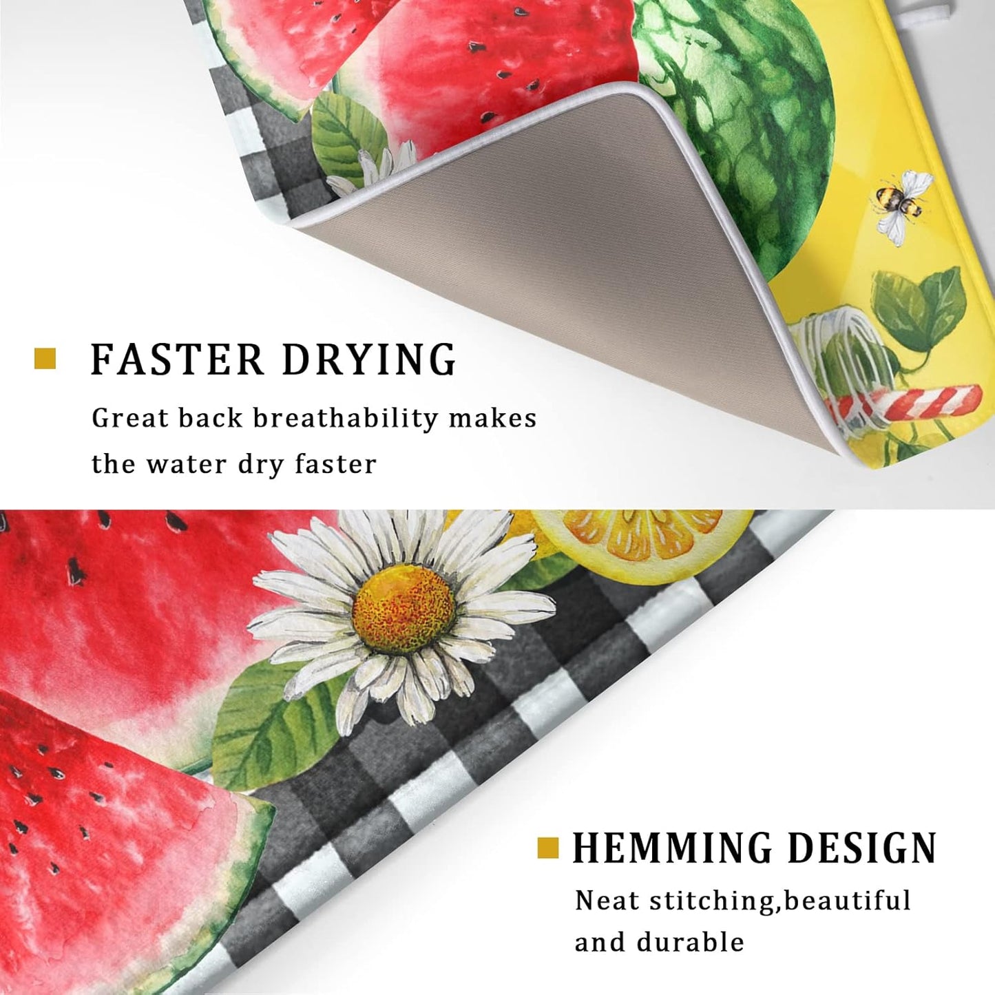 Dish Drying Mat Watermelon Summer Fruit Bee Flower Check Yellow Absorbent Dishes Pad Drainer Rack Mats Heat Resistant Kitchen Counter Protector Plate Bottle Pot Holder 18x24 Inch