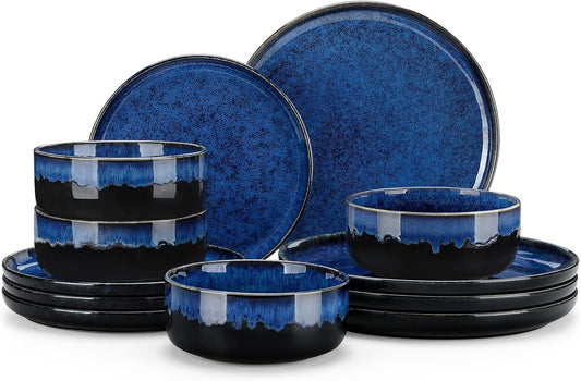 vancasso Starry 12 Pieces Dinnerware Sets for 4, Blue Reactive Glaze Dishes Sets, Ceramic Plates and Bowls Set, Dinner Salad Dessert Plates, and Cereal Bowls Set, Dishwasher and Microwave Safe