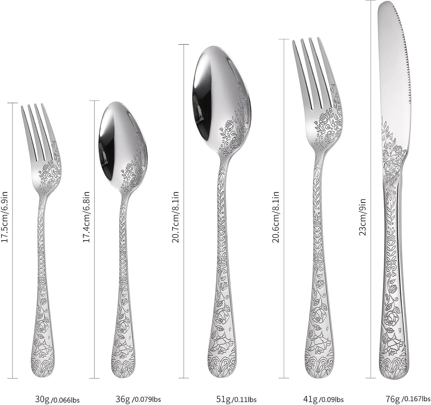 Floral Silverware Set 6 Silvery Flatware Stainless Steel with Delicate Engraved Rose Flower Embossed Design Complete 30 Piece Cutlery for Restaurant Utensils Home Kitchen Daily Use