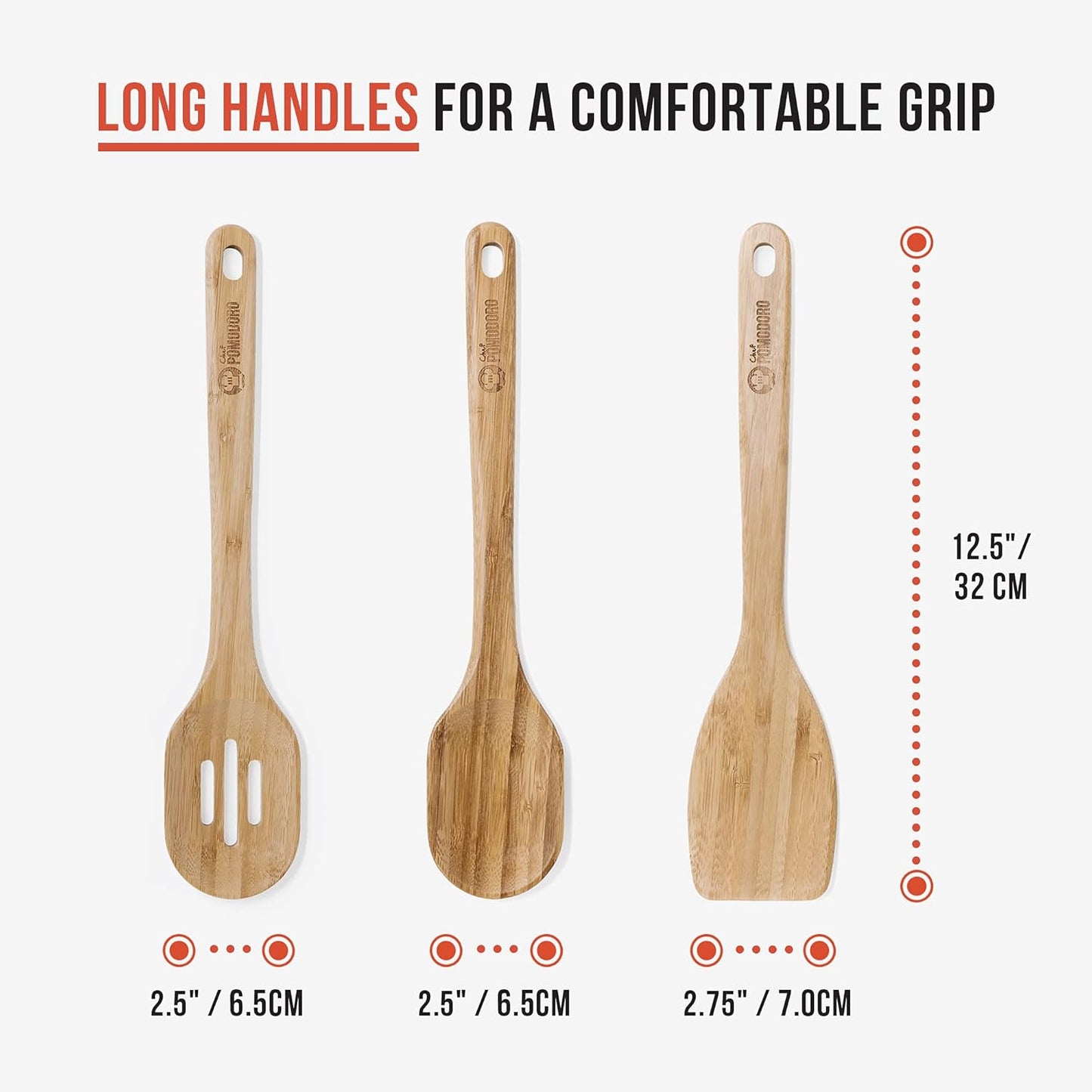 Chef Pomodoro Bamboo Cooking Utensils 3-Piece Set, Large 12.5-Inch Wooden Spatula and Frying Set