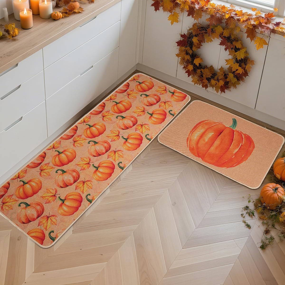 Larponder Fall Pumpkin Leaves Kitchen Mats Set of 2, Non-Slip Absorbent Rug and Door Mats, Home Decor Kitchen Floor Rugs for Autumn Harvest Thanksgiving Holiday - 17x24 and 17x48 Inch