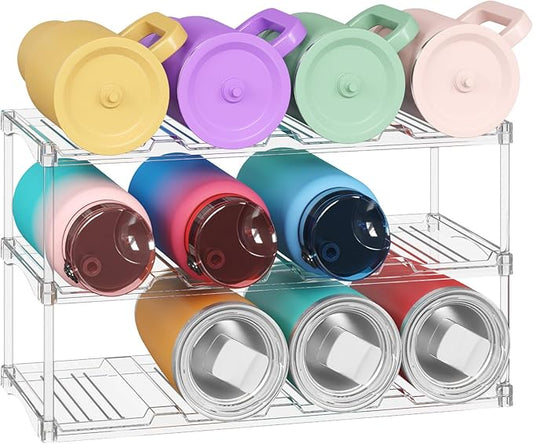 Lifewit Stackable Water Bottle Storage Organizer, Clear Tumbler Cup Mug Organizer, Plastic Large Compartment Wine Rack for Fridge Cellar Kitchen Pantry Storage, 3Tier Hold 12