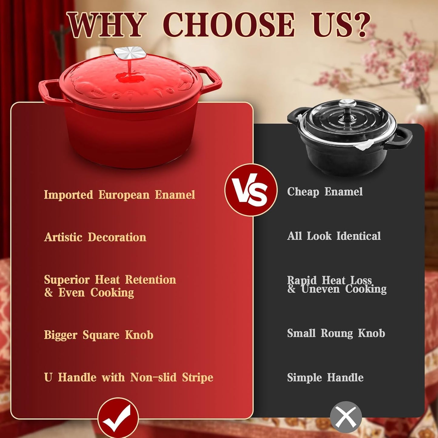 Dutch Oven Pot with Lid - Cast Iron Dutch Oven for Bread Baking Sourdough, Casserole and Braiser with Crab Lid, Square Knob, Nonslid Handles - Red