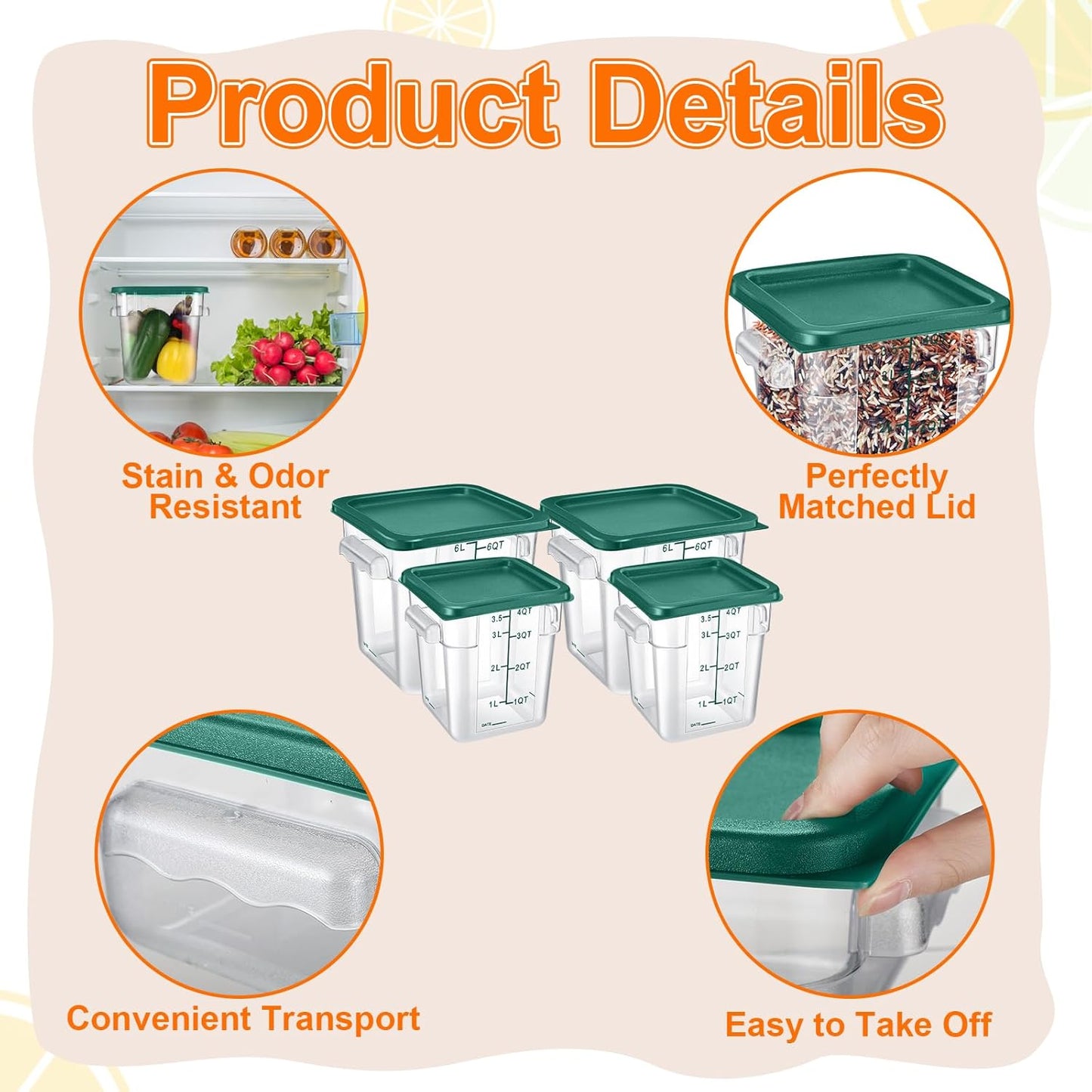 Suclain 8 Pack 4 QT and 6 QT Food Storage Containers with Lids Scales Handles Square Clear Restaurant Food Storage Containers Polycarbonate Commercial Grade for Kitchen Marinating Meat Dough(Green)