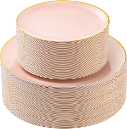 100PCS Pink Gold Plastic Plates, Pink Disposable Plates for Party, Wedding and Graduation, Include 50 Dinner Plates, 50 Dessert Plates for 50 Guests