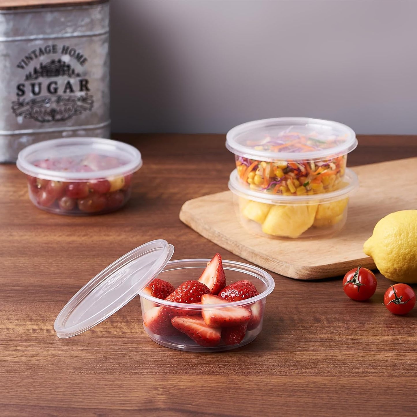 [150 Set - 8 oz. Plastic Deli Food Storage Containers With Lids Disposable Clear Small Togo Containers