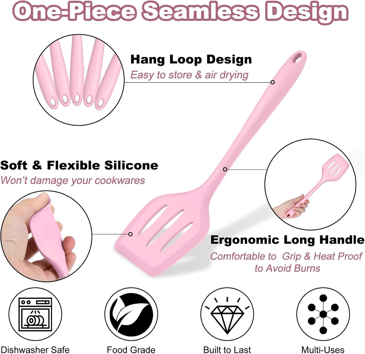 TeamFar Silicone Cooking Utensil Set of 7, Kitchen Nonstick Tools Turner Spoon Spatula Ladle Pasta Server for Nonstick Cookware, Healthy & One-Piece, Anti-Heat & Dishwasher Safe - Pink