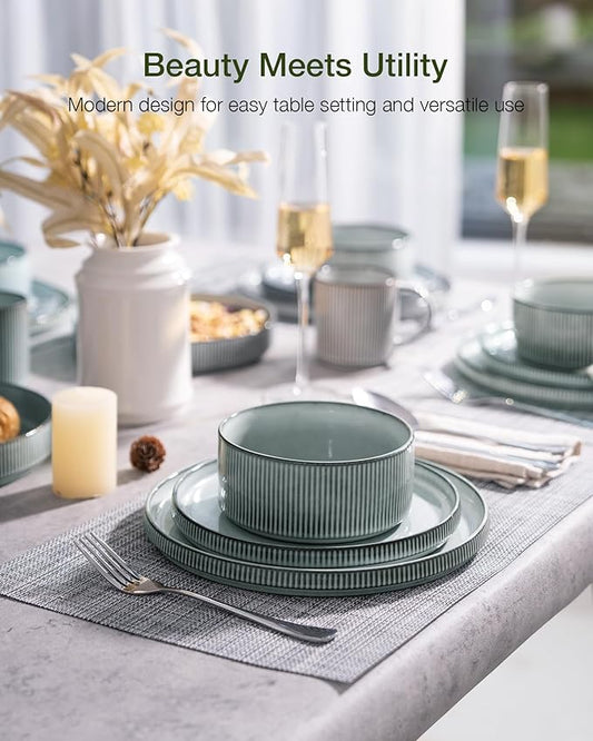 Famiware Star Dinnerware Set with Pasta Bowls, Service for 6 (24 Pieces), Ribbed Stoneware Plates and Double Bowls Sets - Chip & Scratch Resistant, Microwave & Dishwasher Safe Dishes, Smoky Blue