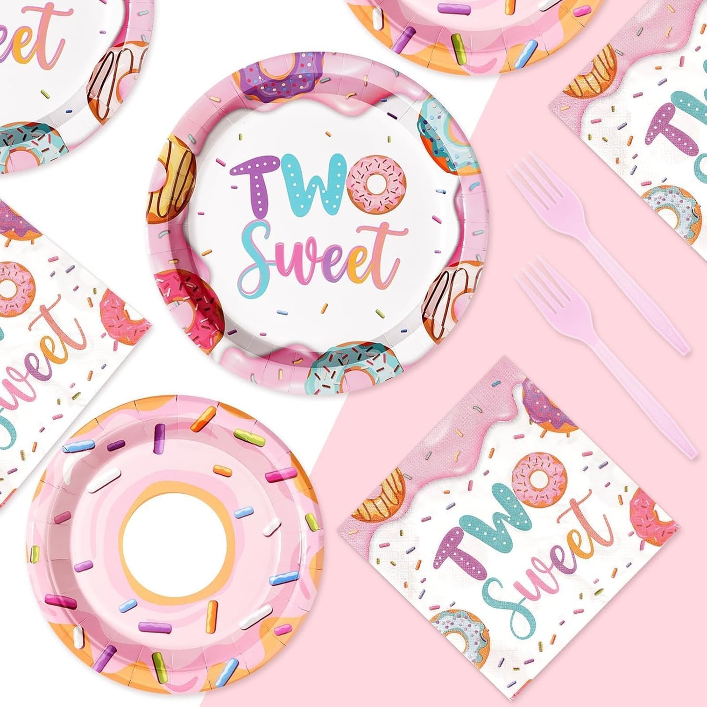 96 Pcs Two Sweet Donut Birthday Party Supplies Two Sweet Party Decorations Donut Plates Napkins Forks Girls Donuts Tableware Set for Baby Girl 2nd Birthday Decorations Baby Shower Serves 24