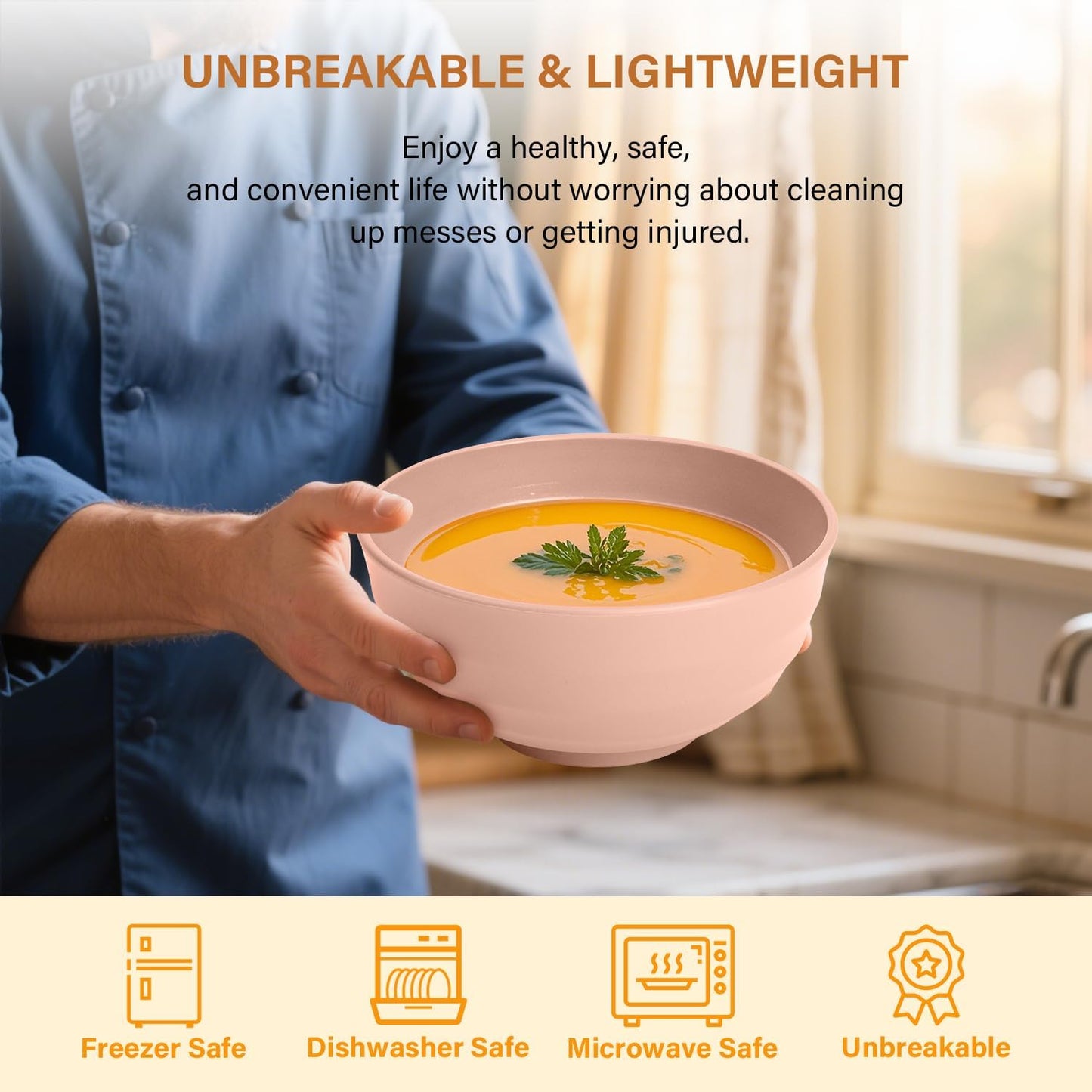 60 OZ Big Salad Bowls,Large Soup Bowl Set of 8,Wheat Straw Bowls,Serving Bowl for Wedding Parties,Microwave and Dishwasher Safe Bowls for Salad,Soup,Serving,Oatmeal Big Bowls for Kitchen - Light Color