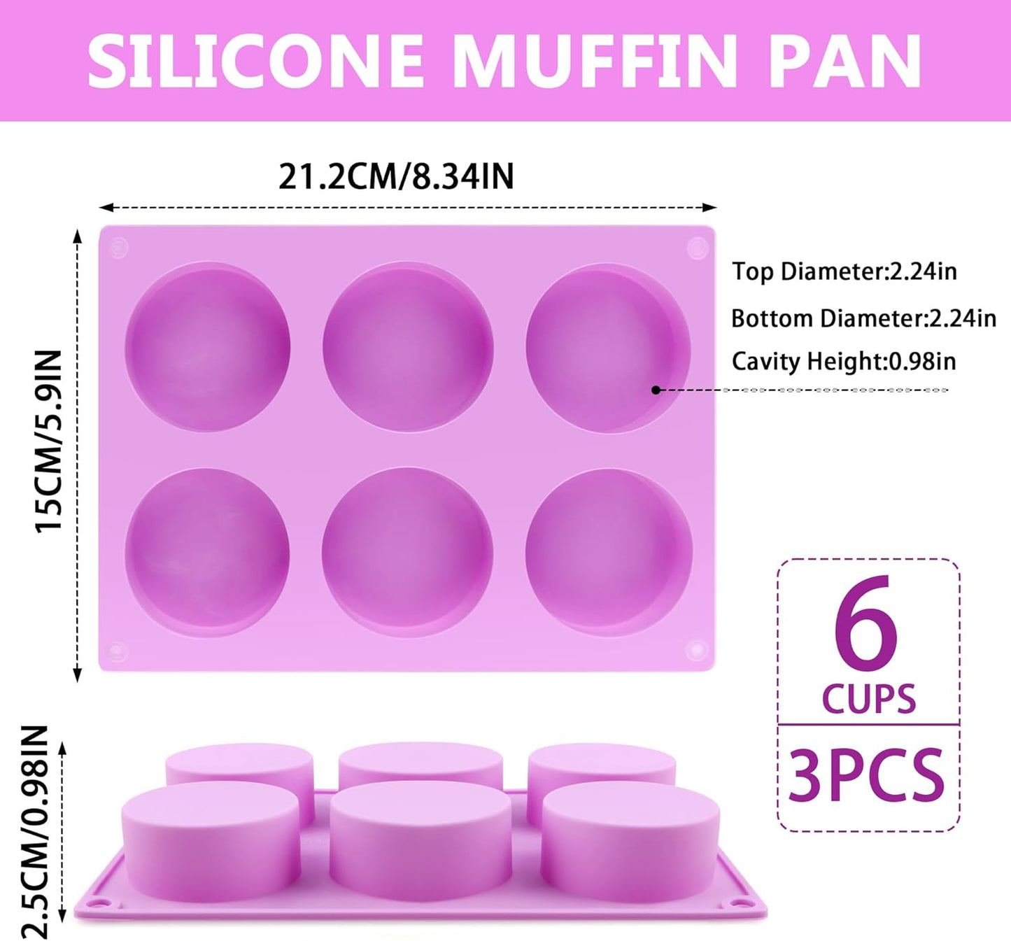 3-Pack Jumbo 6-Cup Silicone Muffin Pan - Non-Stick Baking Mold for Cupcakes, Muffin Cupcake Pans Molds for Baking, Cornbread, Eggs - Purple
