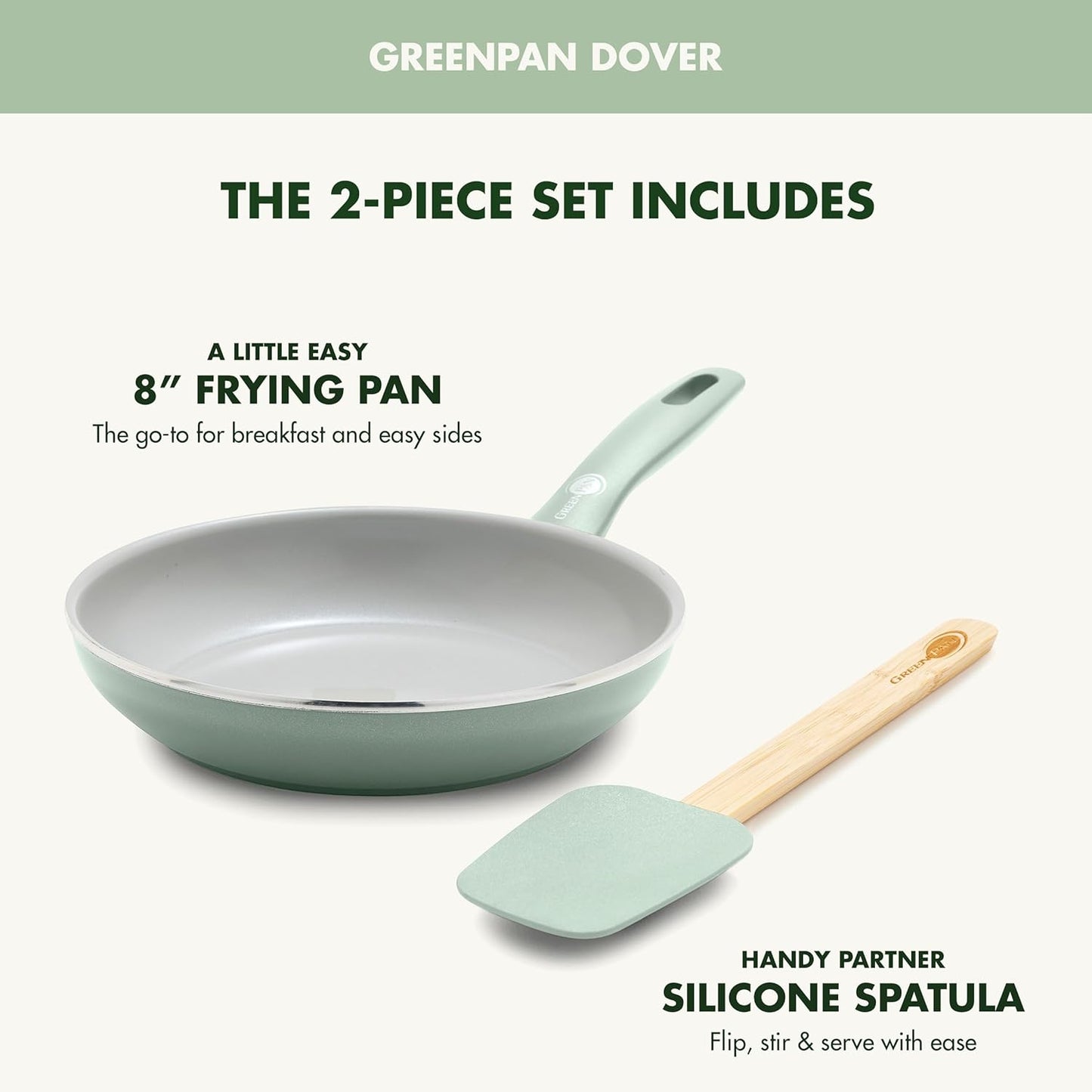 GreenPan Dover 8” Frying Pan Skillet with Spatula, Non-Toxic PFAS-Free Ceramic Nonstick Coating, Sear Saute Fry Egg Omlete, Dishwasher & Oven Safe, Stay Cool Handle, Easy Pour Rims, Pastel Green
