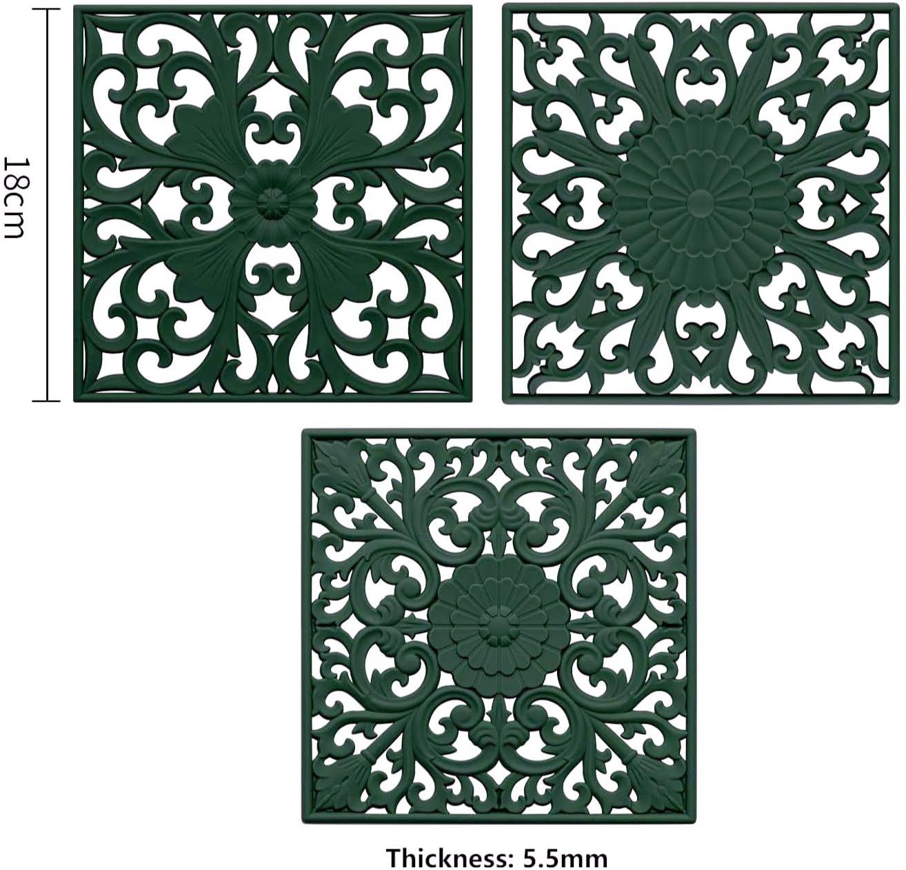 Silicone Trivets for Hot Dishes-Pots&Pans, Square Multi-Use Carved Trivet Mat, Insulated Silicone Mats, Flexible Trivet Mat for Countertop & Tabletop, Pot Holders Hot Pads Set 3 Green