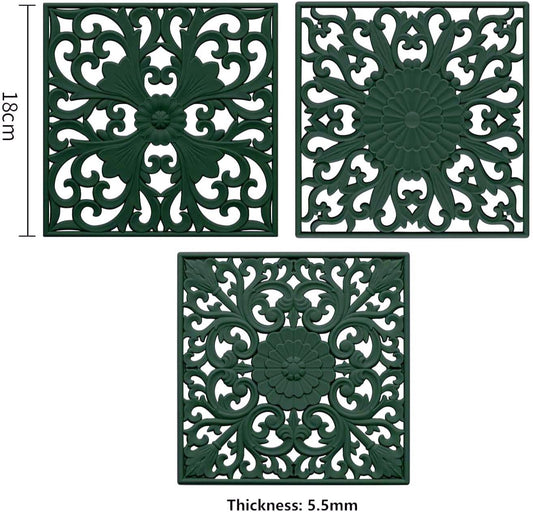 Silicone Trivets for Hot Dishes-Pots&Pans, Square Multi-Use Carved Trivet Mat, Insulated Silicone Mats, Flexible Trivet Mat for Countertop & Tabletop, Pot Holders Hot Pads Set 3 Green