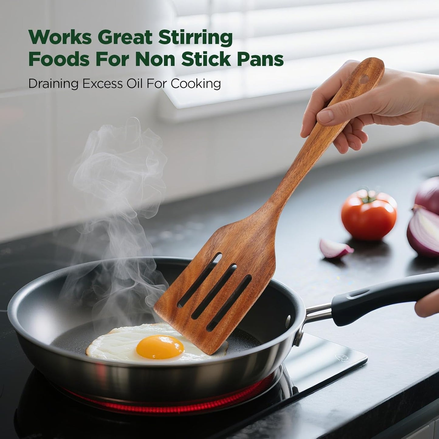 Teak Wood Spatulas Set for Nonstick Pan, Cooking Spoon, Slotted Turner(Spatula and Slotted Spatula)