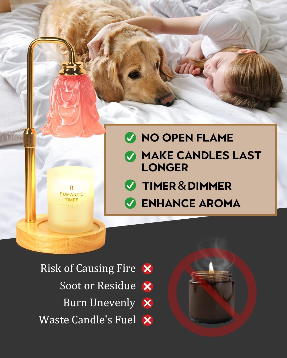 Small Candle Warmer Lamp with Timer, Adjustable Pink Flower Candle Heat Lamp, Unique Women's Gifts for Birthday, Dimmable Candles Heater, Christmas Gifts, Fashion Wax Warming Light with Wood Base