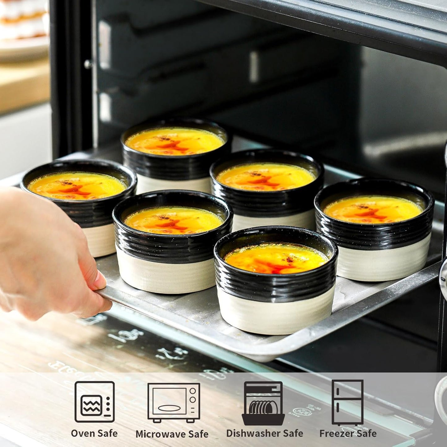 Ramekins 4 OZ Oven Safe,Set of 6 Ceramic Creme Brulee Ramekins,Mini Dessert Bowls for Souffle,Dipping Sauce,Ice Cream,Pudding and Charcuterie,Microwave & Oven Safe,Patchwork Black