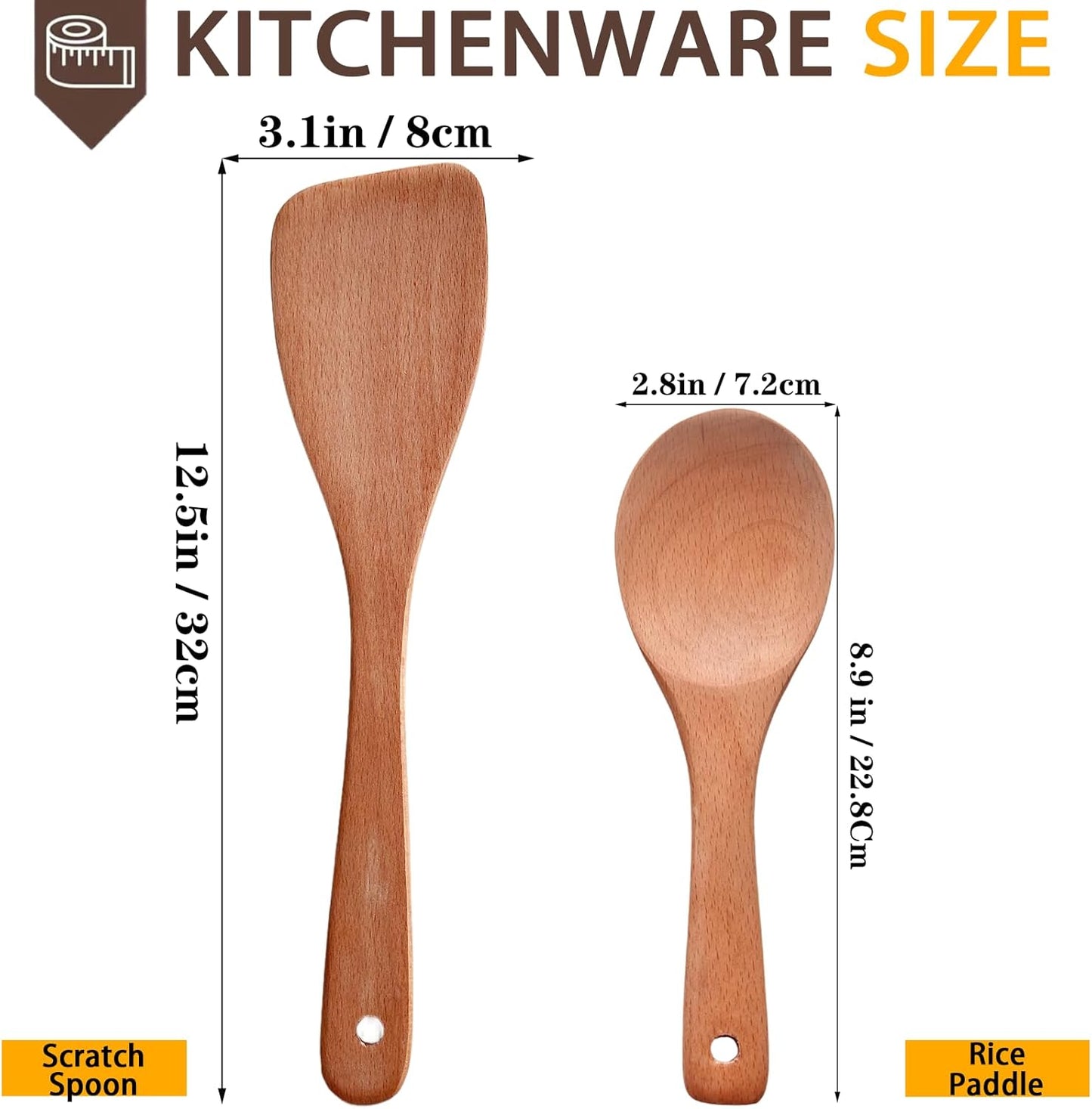 Wooden Rice Paddle, 12.8" Wooden Spoons for Cooking, Nonstick Rice Spatula for Sushi Rice Potato Stirring, Flipping, Serving, Scraping