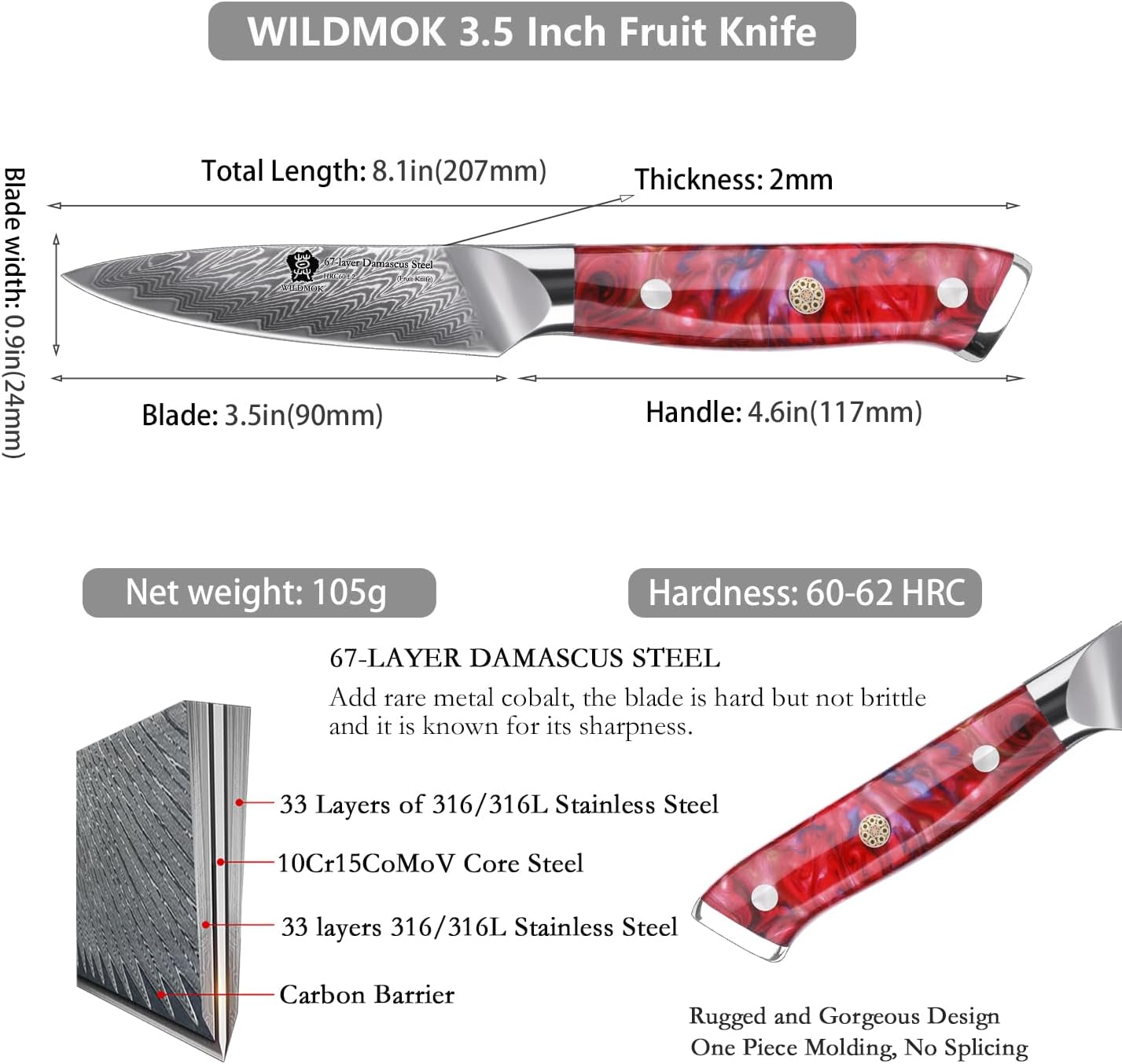 WILDMOK Damascus Paring knife, 3.5 inch sharp fruit Japanese 67 layer Damascus steel knife for carving and peeling knife, Resin handle with gift box