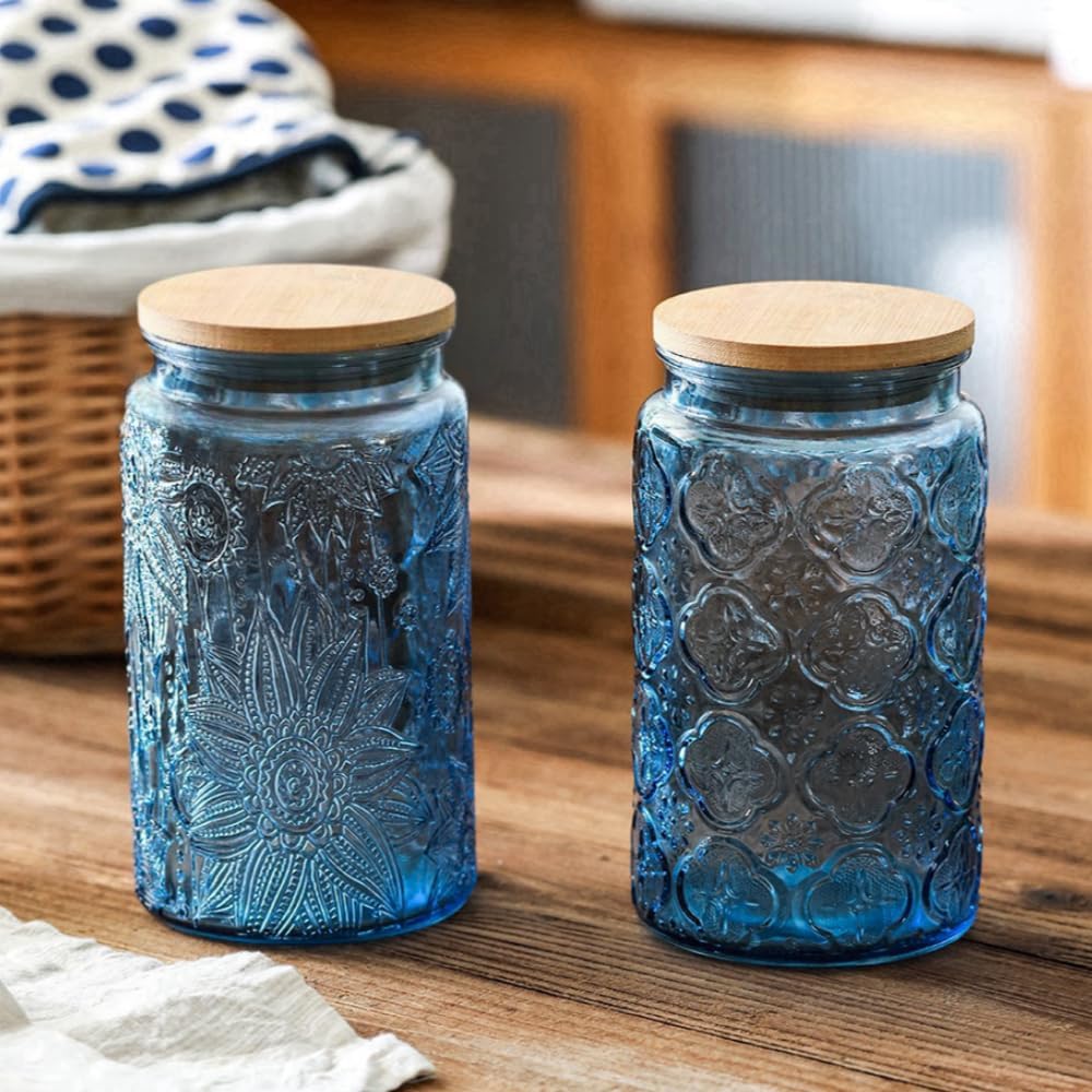 ANSQU 4-Pack Vintage Glass Jars with Airtight Lids, 34oz Glass Food Storage Containers for Kitchen Pantry Coffee, Tea, Candy, Cookie, Decorative Mason Jar (Blue&Green)