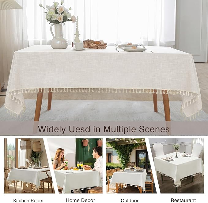 JIALE Textured Tablecloths, Heavy Duty Cotton Linen Farmhouse Table Cloth Rectangle Table, Waterproof Wrinkle-Free Rectangle Tablecloth for Kitchen, Dining, Parties, 55"x55", Ivory