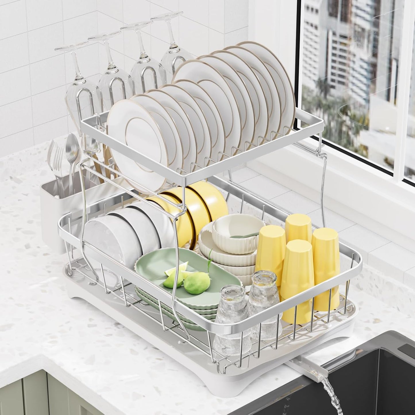 LIYI Dish Drying Rack,Large Dish Rack for Kitchen Counter,2-Tier Dish Racks with draining Tray,Detachable Capacity Dish Drainer Organizer,White