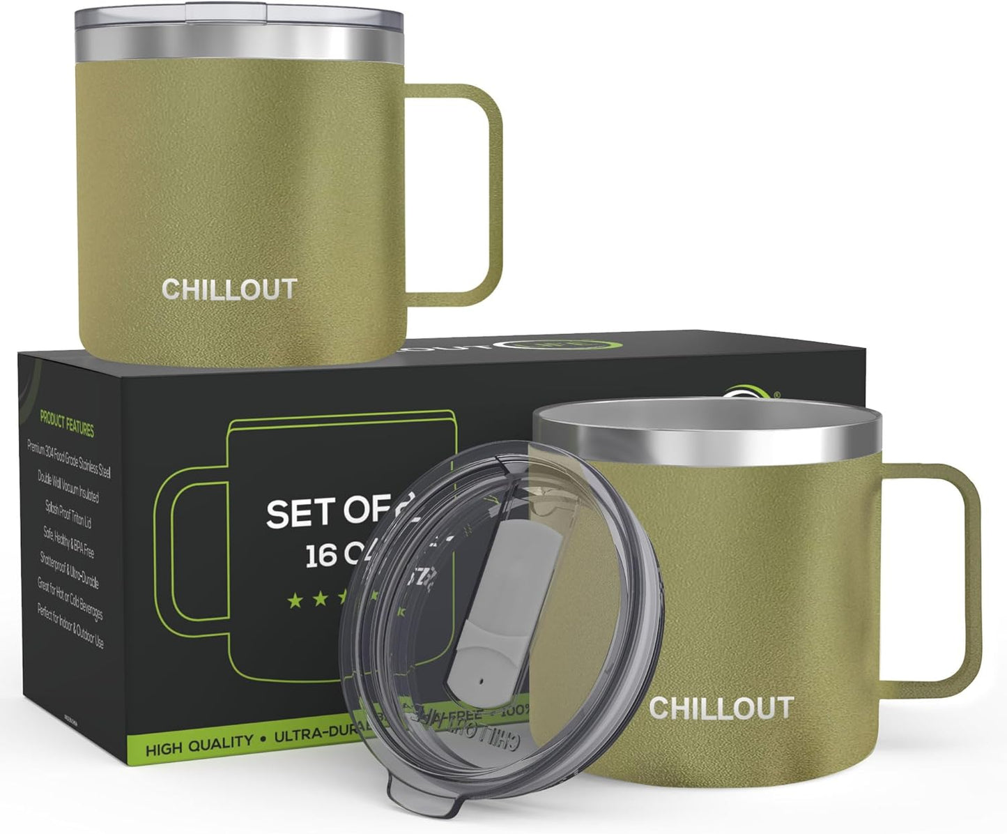 CHILLOUT LIFE Stainless Steel 16 oz (Set of 2) Vacuum Insulated Coffee Mug with Handle and Lid, Large Thermal Camping Coffee Mugs with Sliding Lid for Men & Women