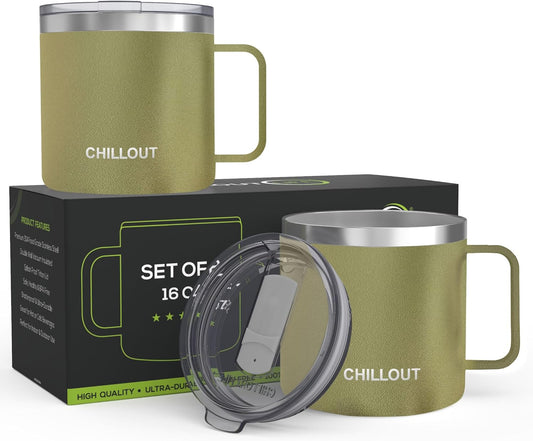 CHILLOUT LIFE Stainless Steel 16 oz (Set of 2) Vacuum Insulated Coffee Mug with Handle and Lid, Large Thermal Camping Coffee Mugs with Sliding Lid for Men & Women