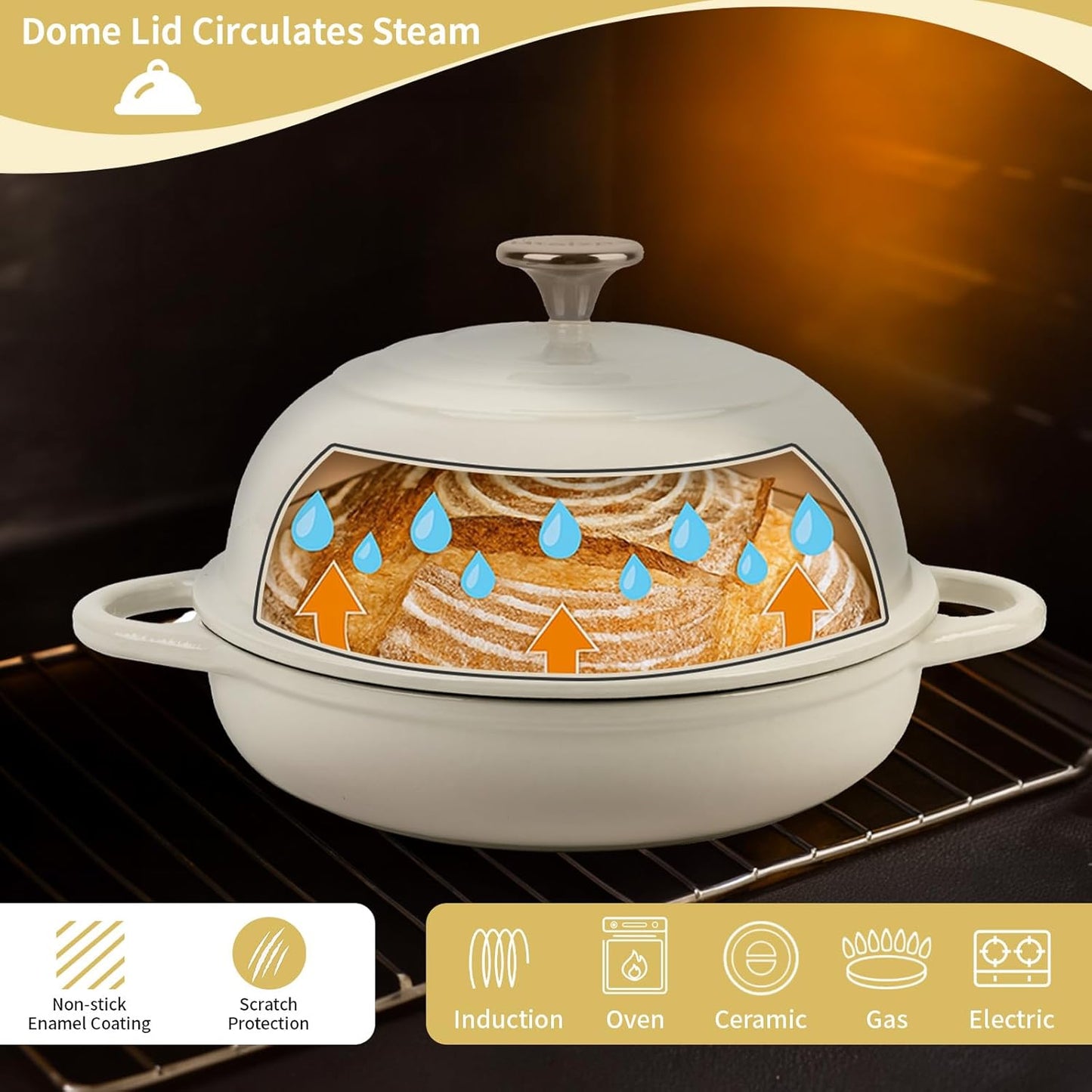 Dutch Oven for Bread Baking, 5.4 Quart Dutch Enameled Cast Iron Bread Oven, Dutch Oven for Sourdough Bread Baking, Oven Safe up to 500° F, 25 cm White