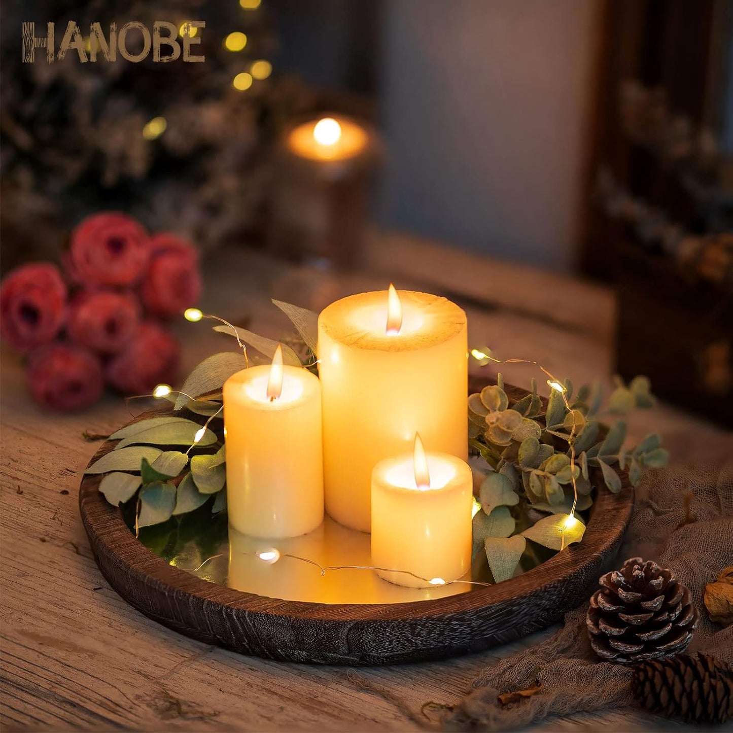 Hanobe Round Wood Decorative Tray: Rustic Wooden Trays for Coffee Table Farmhouse Centerpiece - Vintage Mirror Candle Tray for Home Decor Ottoman Bathroom Kitchen Organizer