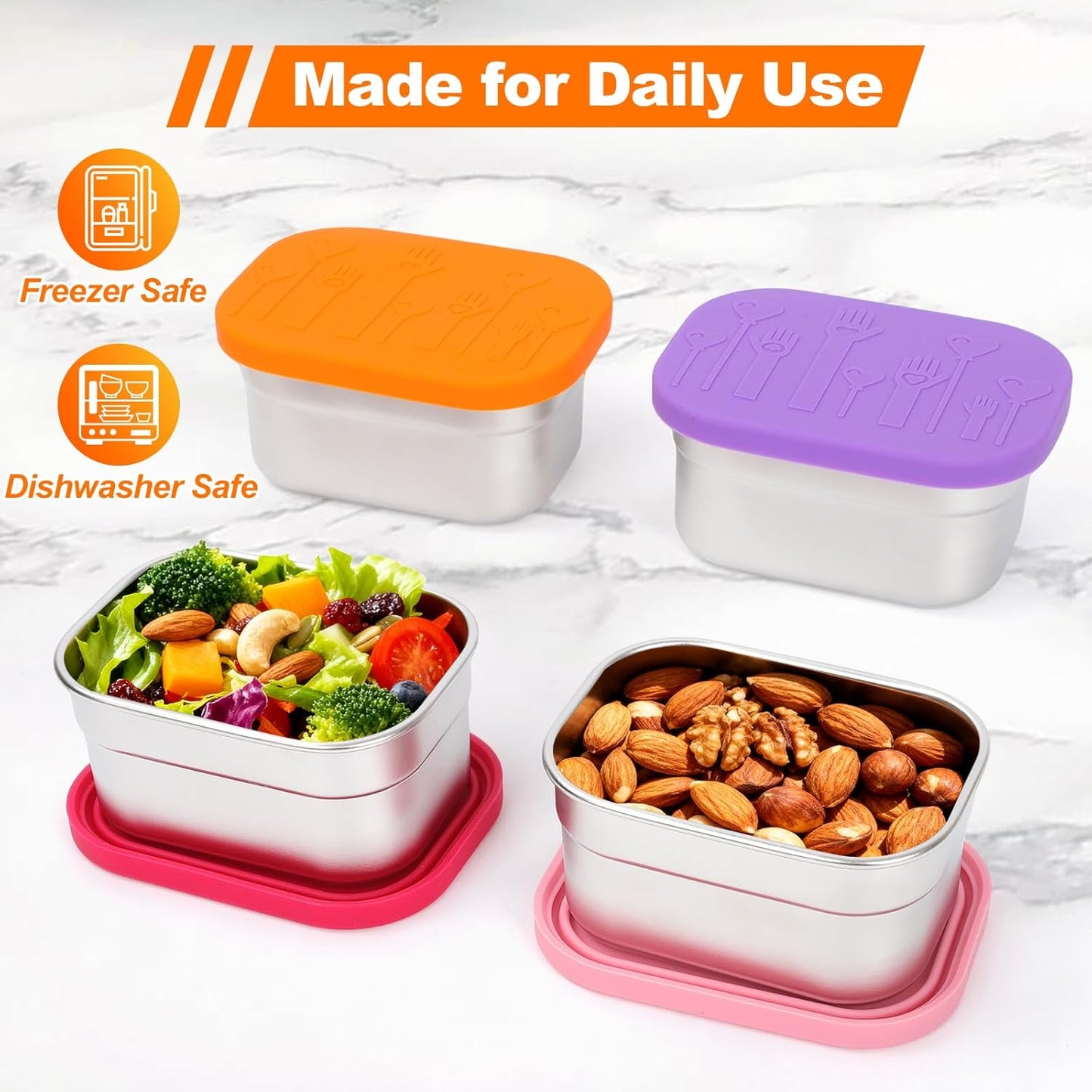 4 Pack Stainless Steel Snack Containers with Lids Set, Rectangular Easy Open Leakproof Reusable Snack Box Container for Lunch, Small Lunch Food Containers for Meal Prep, Salad Dressing To Go