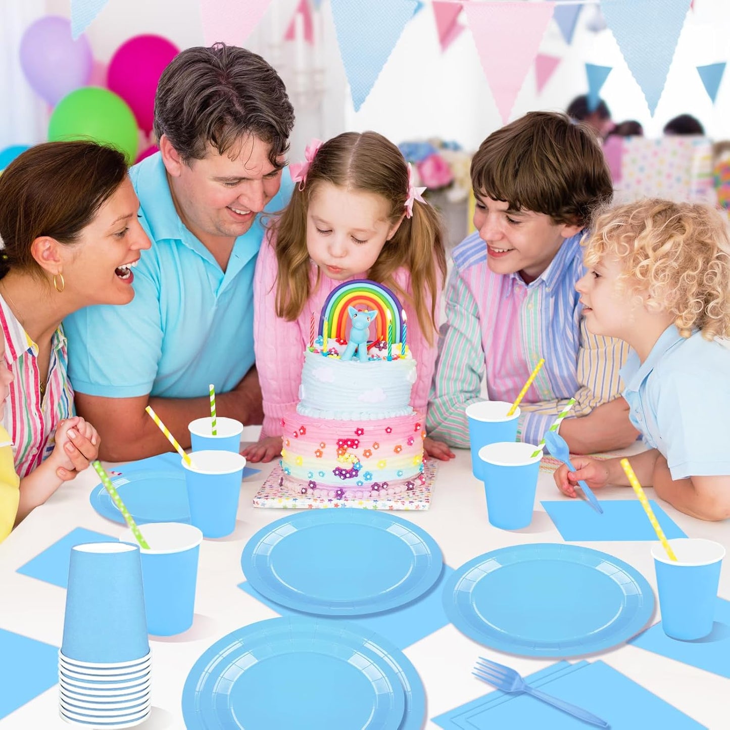 TWOWYHI 228PCS Light Blue Party Supplies Set Include Paper Plates Cups Paper Napkins Plastic Spoons Forks Knives for 30 Guests Disposable Party Dinnerware for Birthday Wedding Family Picnic