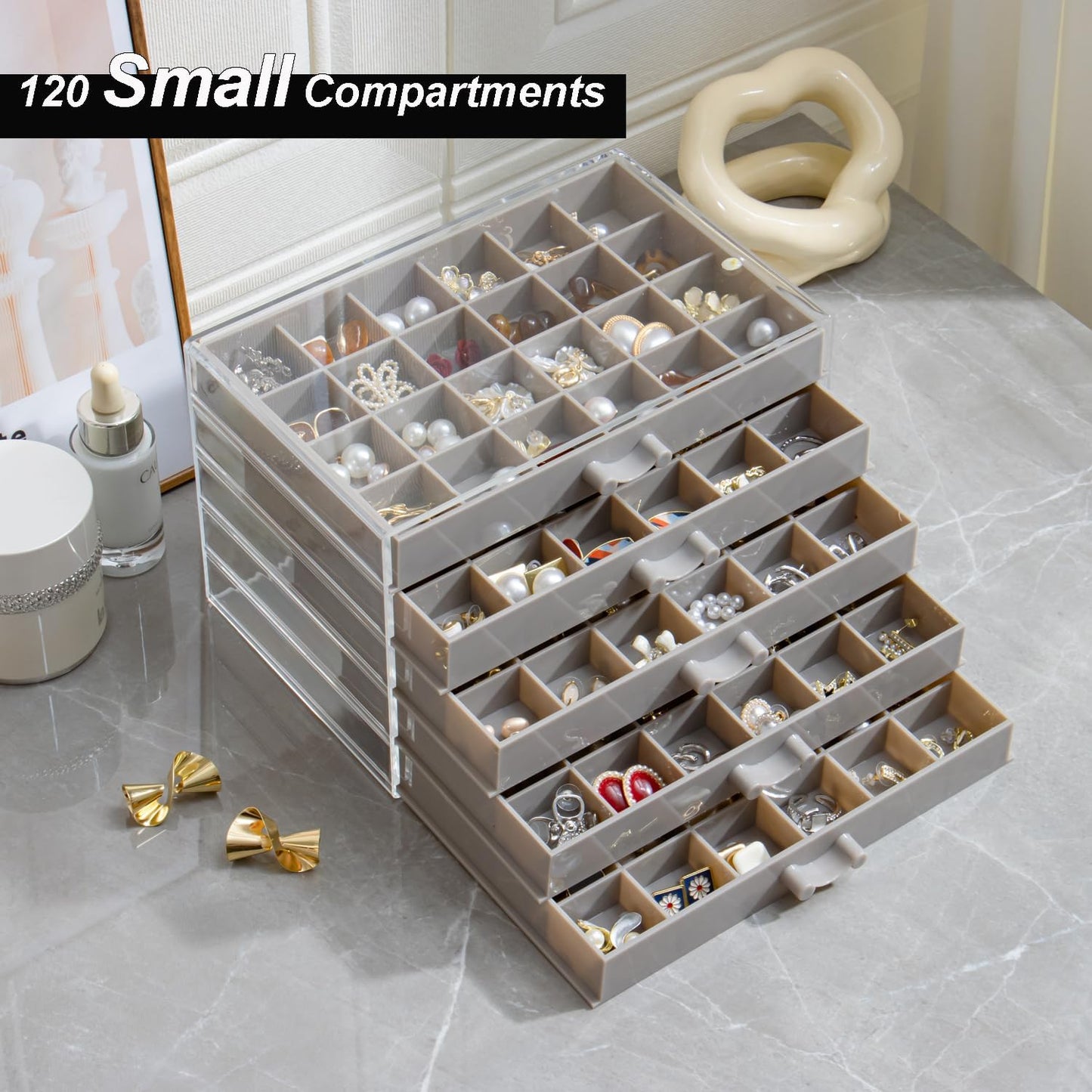 Earring Storage Box Organizer, Acrylic Jewelry Storage Box Holder 5 Drawers Transparent Jewelry Display Stand with 120 Small Compartments Gift Boxes for Women Girls (Gray)