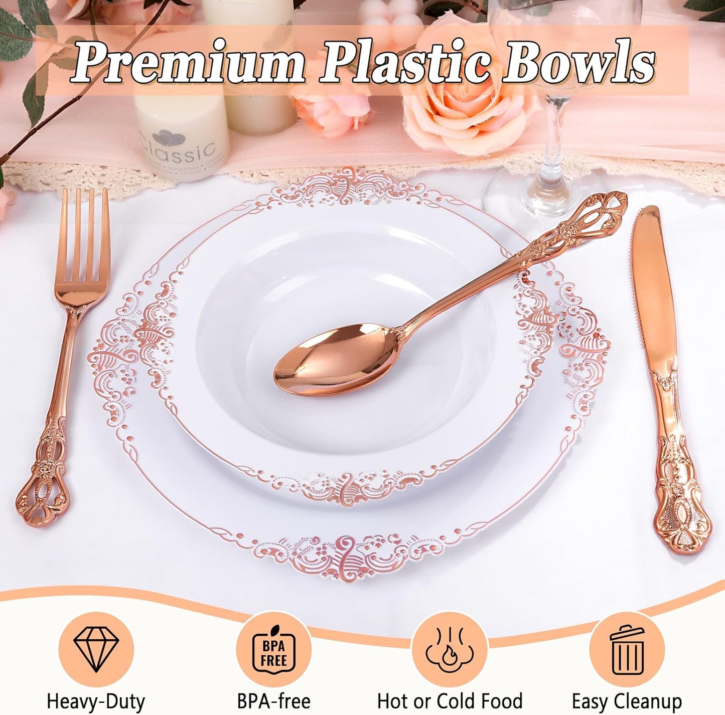 100PCS Rose Gold Plastic Bowls - 12 oz Disposable Salad Bowls - Heavy Duty Disposable Soup Bowl - Fancy Plastic Ice Cream Bowl for Weddings Parties Catering Picnics
