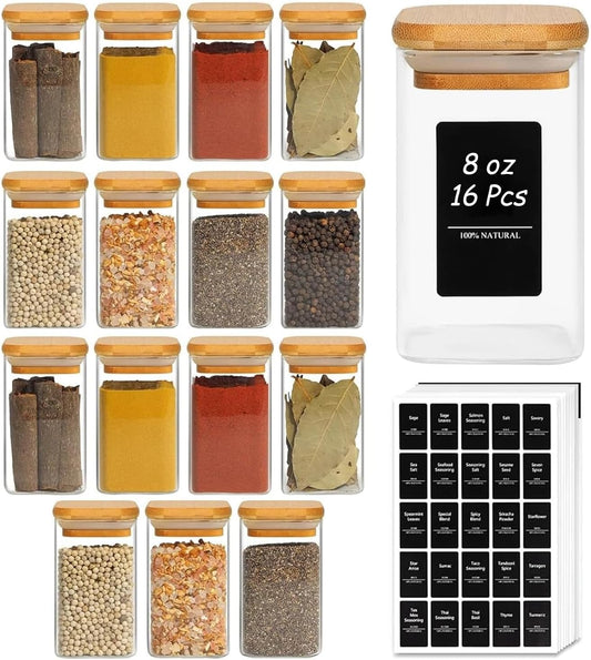 ComSaf Spice Jars with Labels 8 oz 16Pack, Small Spice Containers Starter Set, Glass Seasoning Jars with Lids, Square Seasoning Containers for Salt, Pepper, Chili Powder, Sugar, Loose Tea Storage