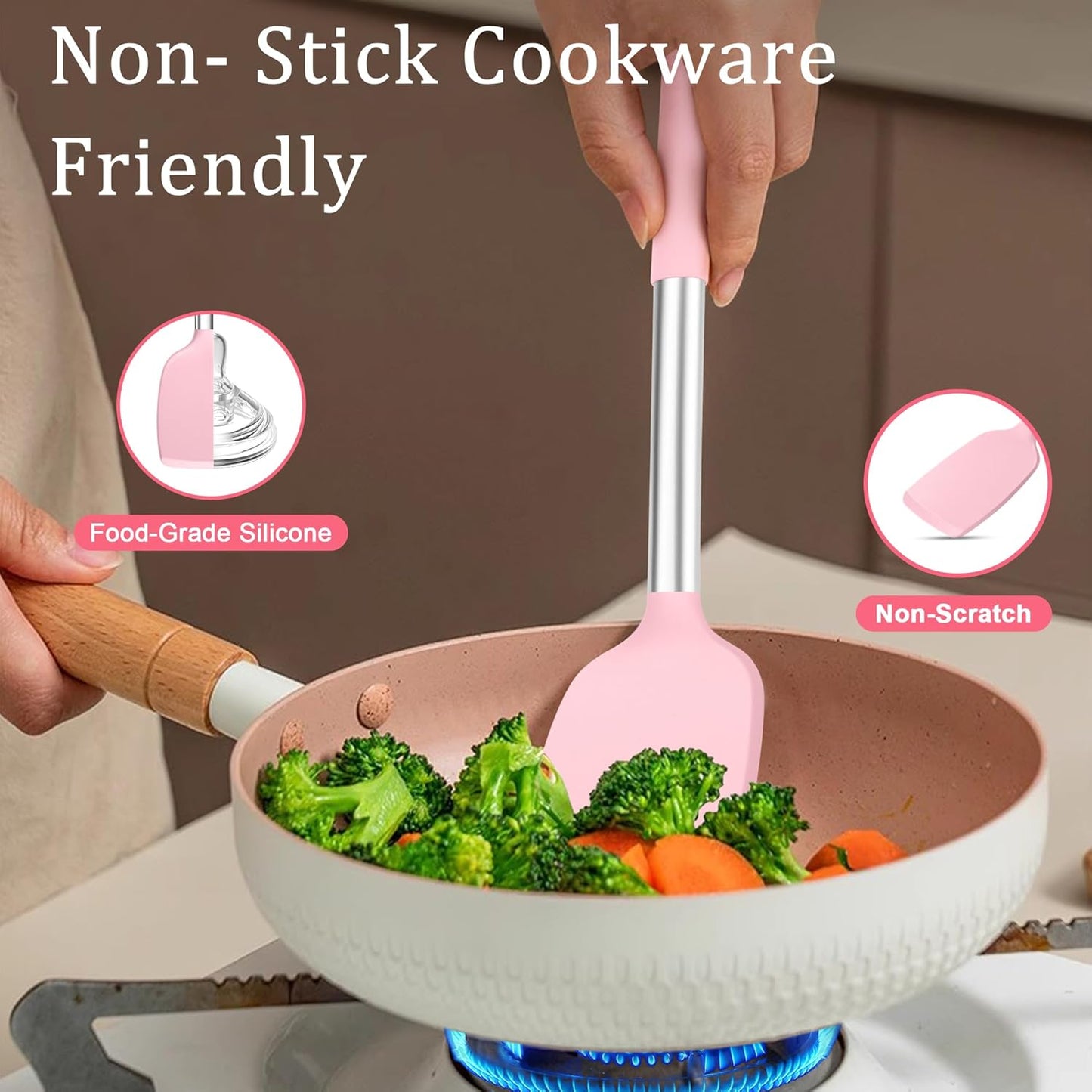 TeamFar Cooking Utensils Set, 5 PCS Silicone Kitchen Utensils with Stainless Steel Handle for Nonstick Cookware Turning Flipping Frying Draining, Heatproof & Healthy, Nonstick & Easy Clean, Pink