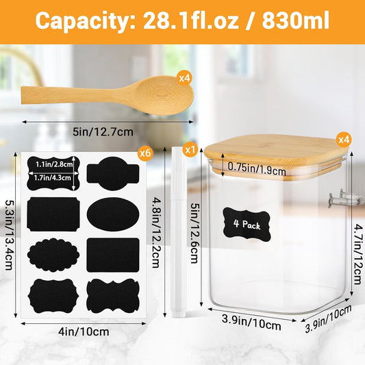 Glass Jars with Airtight Lid - 4 Pack 28 Fl.oz Square Glass Jar with Bamboo Lids and Spoon, Includes Labels and Marker, Flour Sugar Storage Containers for Cereal, Tea, Snacks, Pantry Canister