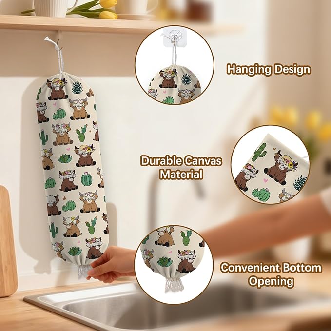 Plastic Bag Holder Highland Cow Bag Holder Dispenser, Plastic Grocery Bag Organizer & Wall Mount Paper Trash Bags Saver Storage for Kitchen Home Pantry Decor, Fun Farmhouse Decor