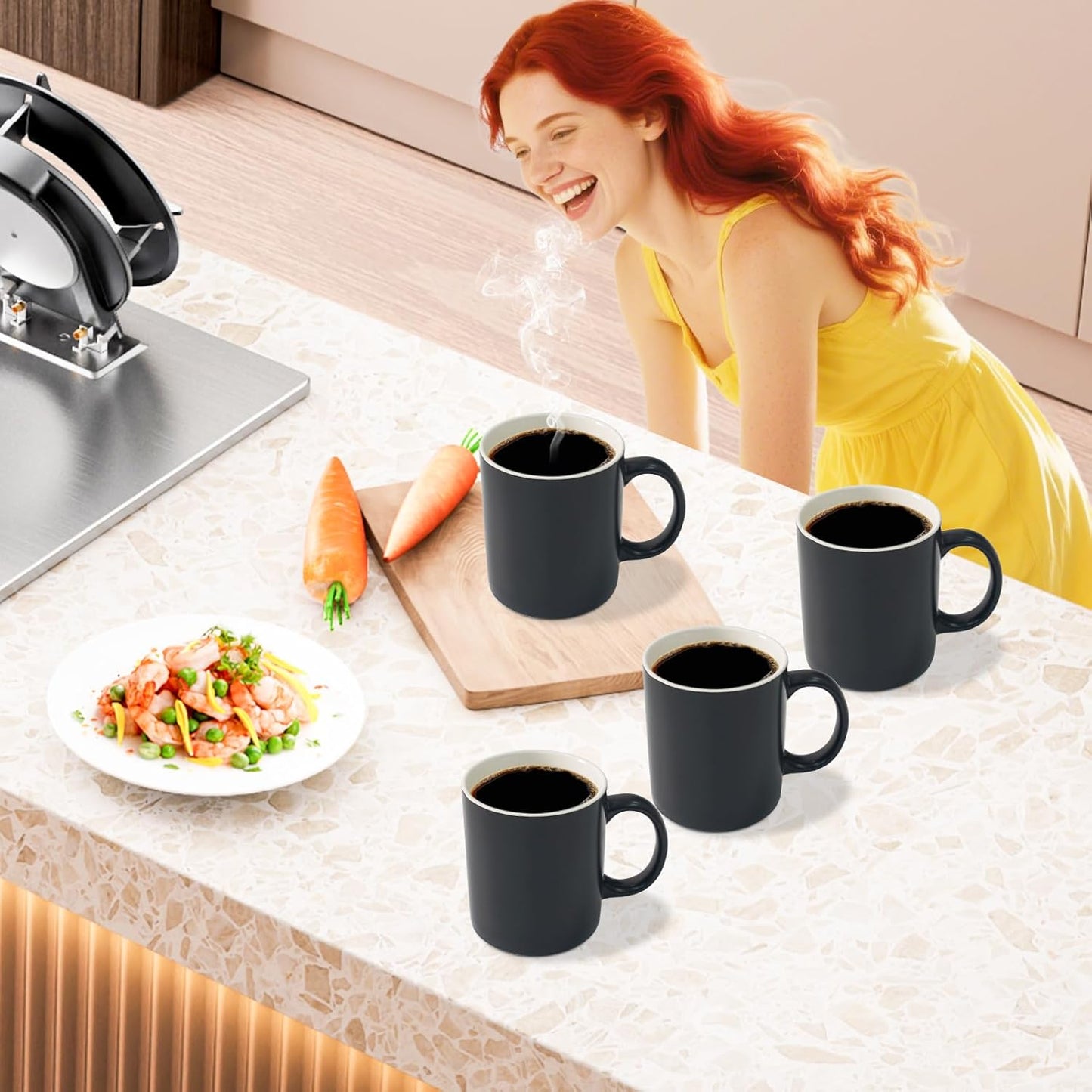 12 oz Cup (4pcs), Black Ceramic Coffee Mug for Milk Tea, Set of 4