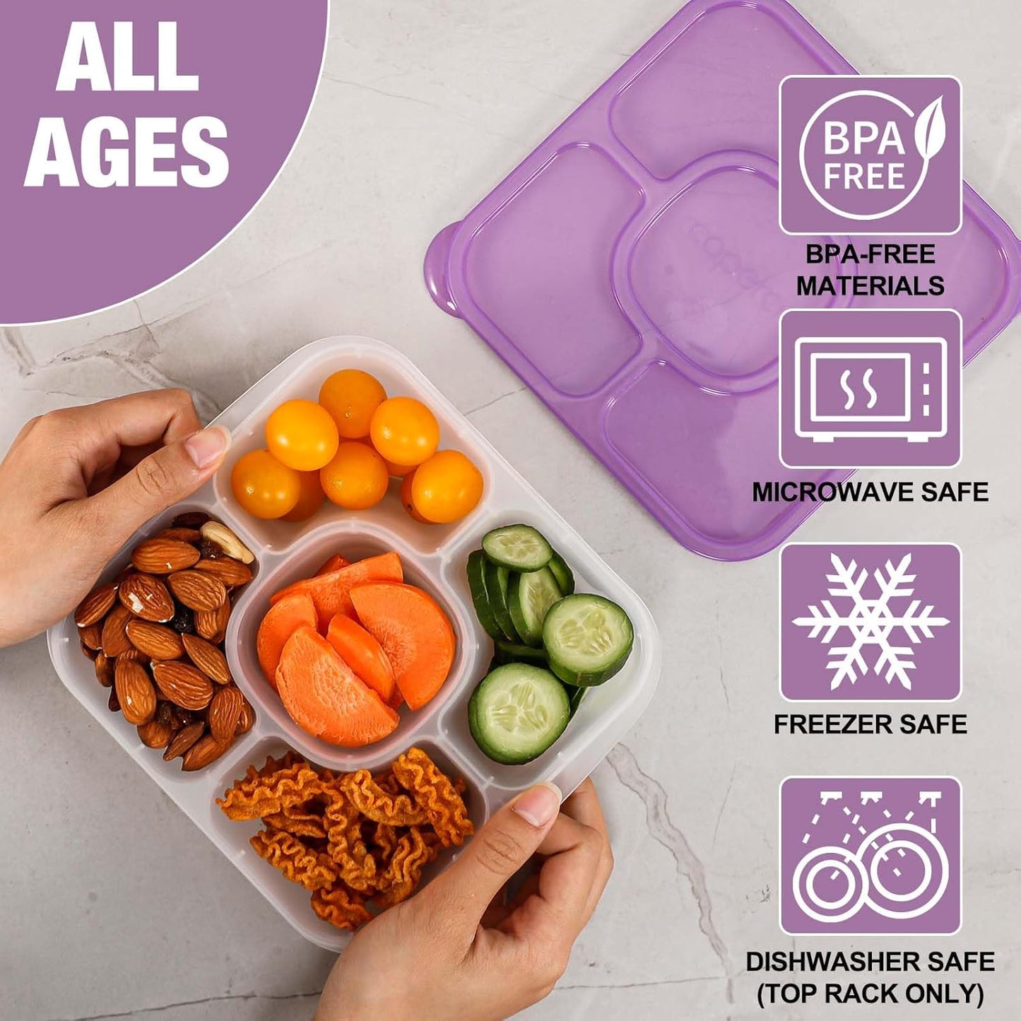 Caperci Original Lunchable Snack Containers - Bento Snack Boxes with 5-Compartment, Reusable Food Containers for School, Work and Travel, BPA-Free, Set of 4 (Classic)