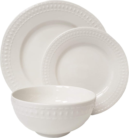 Tabletops Gallery Embossed White Porcelain Round Dinnerware - Bloom 12 Piece Dinnerware Set