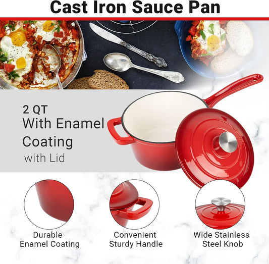 Enameled Cast Iron Sauce Pan, 2 Quarts Round Sauce Pot with Lid, Mini Dutch Oven Enamel Saucepan for Cooking Pasta Sauce, Marinate, Cook, Refrigerate and Serve, Gradient Red
