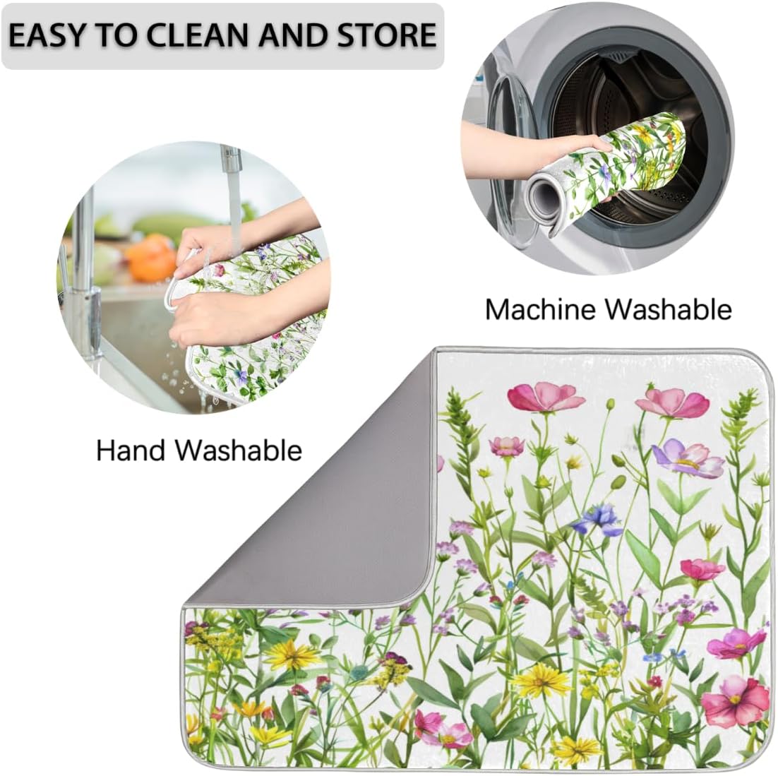 Hexteria Colorful Flowers Large Dish Drying Mats for Kitchen Counter 18 X 24 Inch Spring Floral Microfiber Dish Mat, Dish Drainer Mats for Countertops, Wildflower
