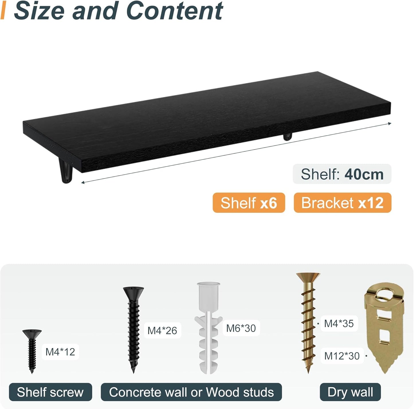 SKYSEN Floating Shelves for Wall Set of 6, 15.7in Wood Wall Shelf for Decor, Bathroom, Bedroom, Storage, Book,Kitchen, Living Room - Black(fs-40-b)