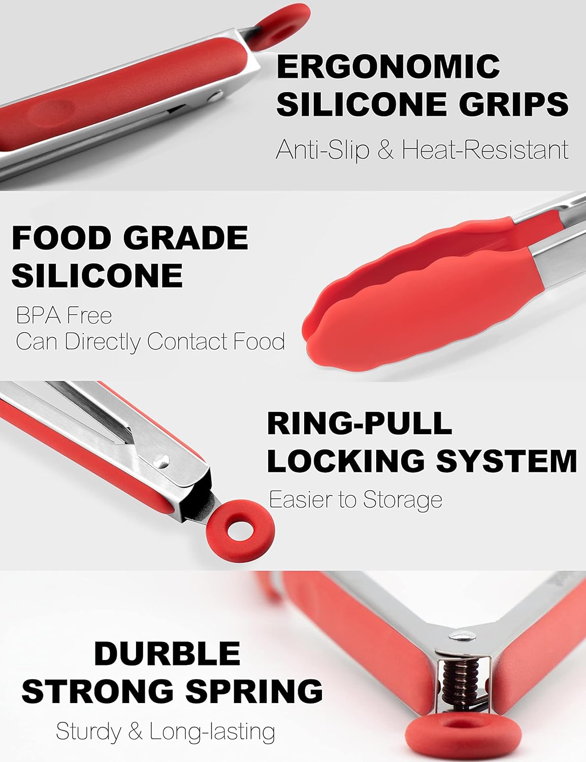 Anaeat Non-Stick Silicone Locking Tong Set of 3 - Stainless Steel 7", 9" and 12" Kitchen Food Tongs with Non-Slip Silicone Tips and Grip for Cooking, Baking and BBQ - Heat Resistant up to 480°F (Red)