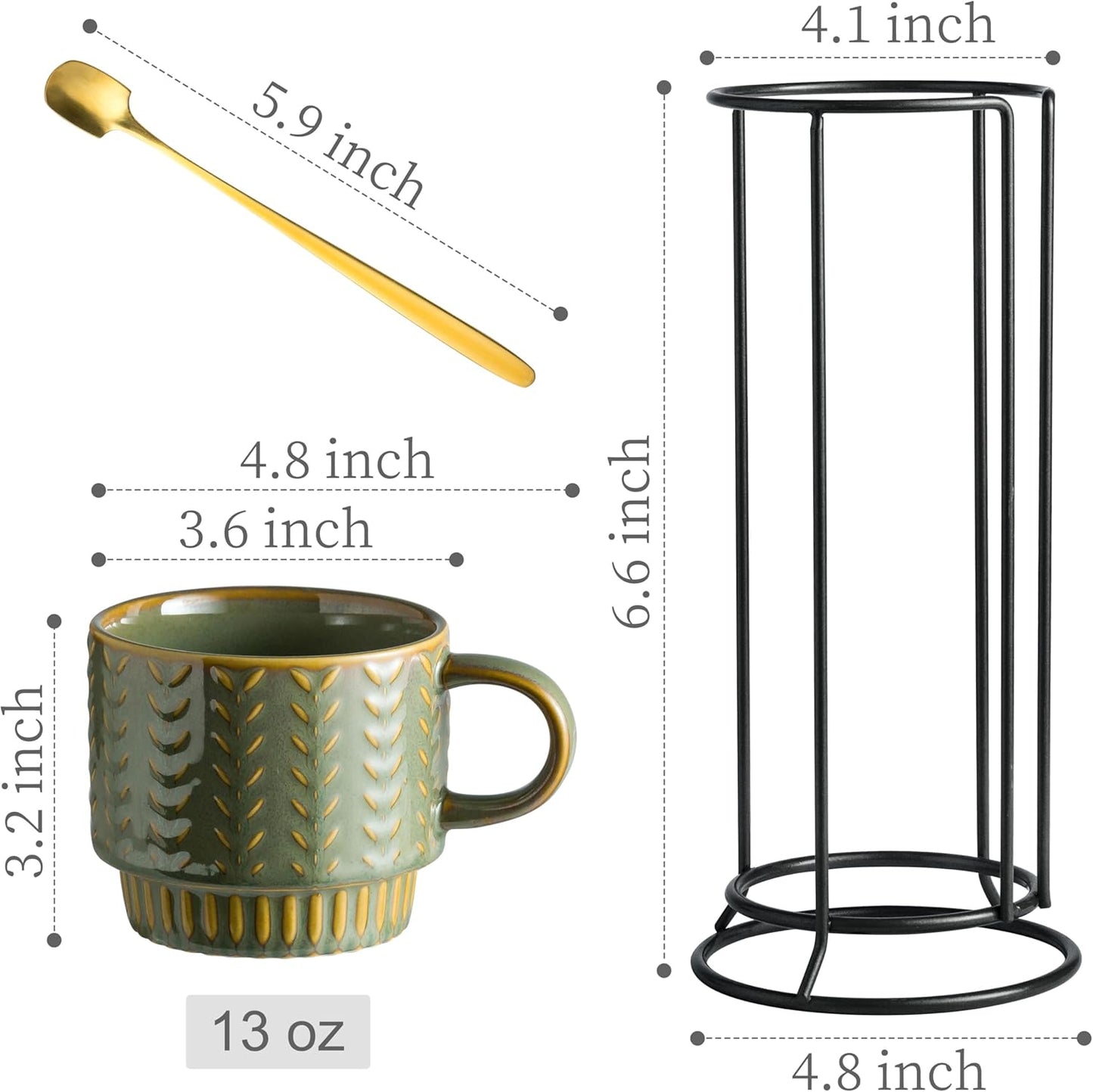 Coffee Mugs Set of 4 with Spoons & Rack, Stackable Espresso Cups 13oz Coffee Mug for Drinks Latte Cappuccino Tea, Turkish Coffee Cup for Housewarming Wedding Gift, Dishwasher Safe