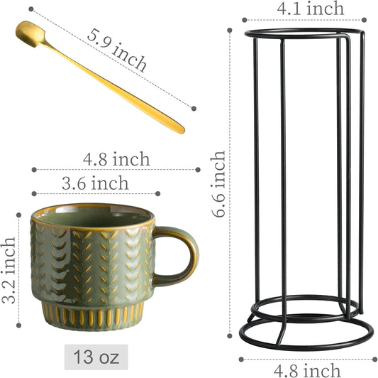 Coffee Mugs Set of 4 with Spoons & Rack, Stackable Espresso Cups 13oz Coffee Mug for Drinks Latte Cappuccino Tea, Turkish Coffee Cup for Housewarming Wedding Gift, Dishwasher Safe